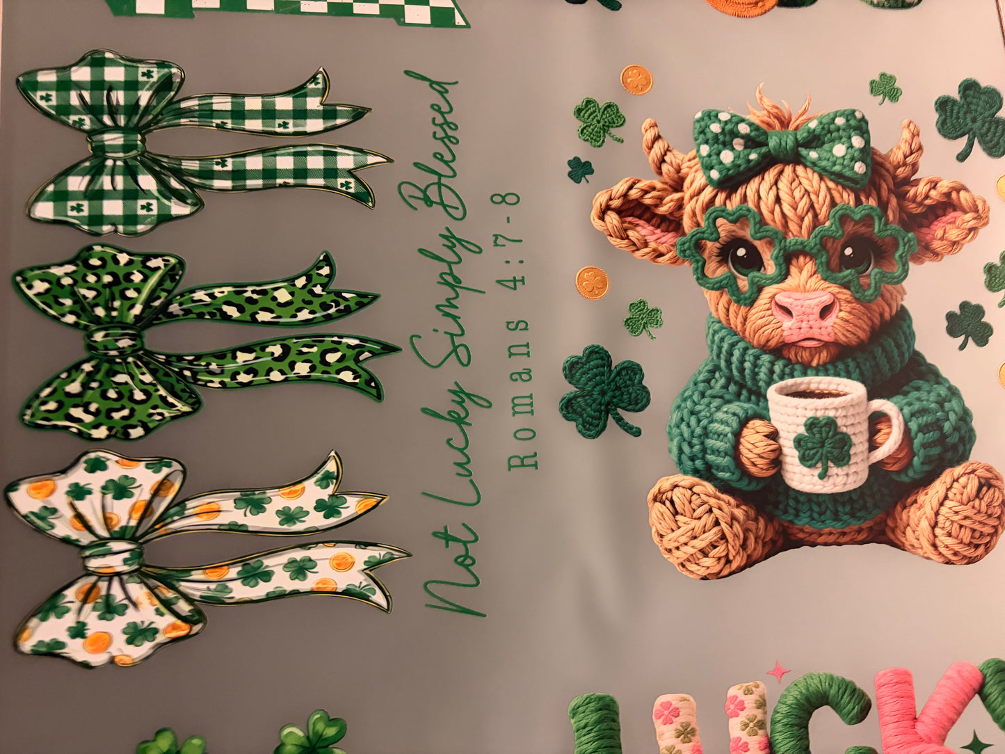 St. Patrick’s Day Lucky Highland Cow Gang Sheet – DTF Transfer Bundle (Green Knit & Clover Designs)