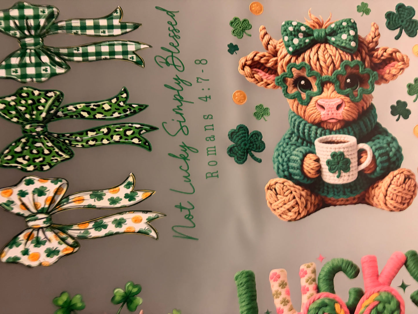 St. Patrick’s Day Lucky Highland Cow Gang Sheet – DTF Transfer Bundle (Green Knit & Clover Designs)