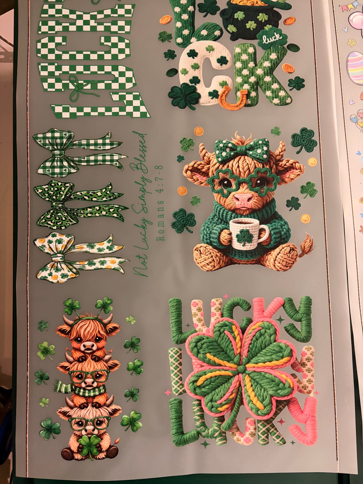 St. Patrick’s Day Lucky Highland Cow Gang Sheet – DTF Transfer Bundle (Green Knit & Clover Designs)