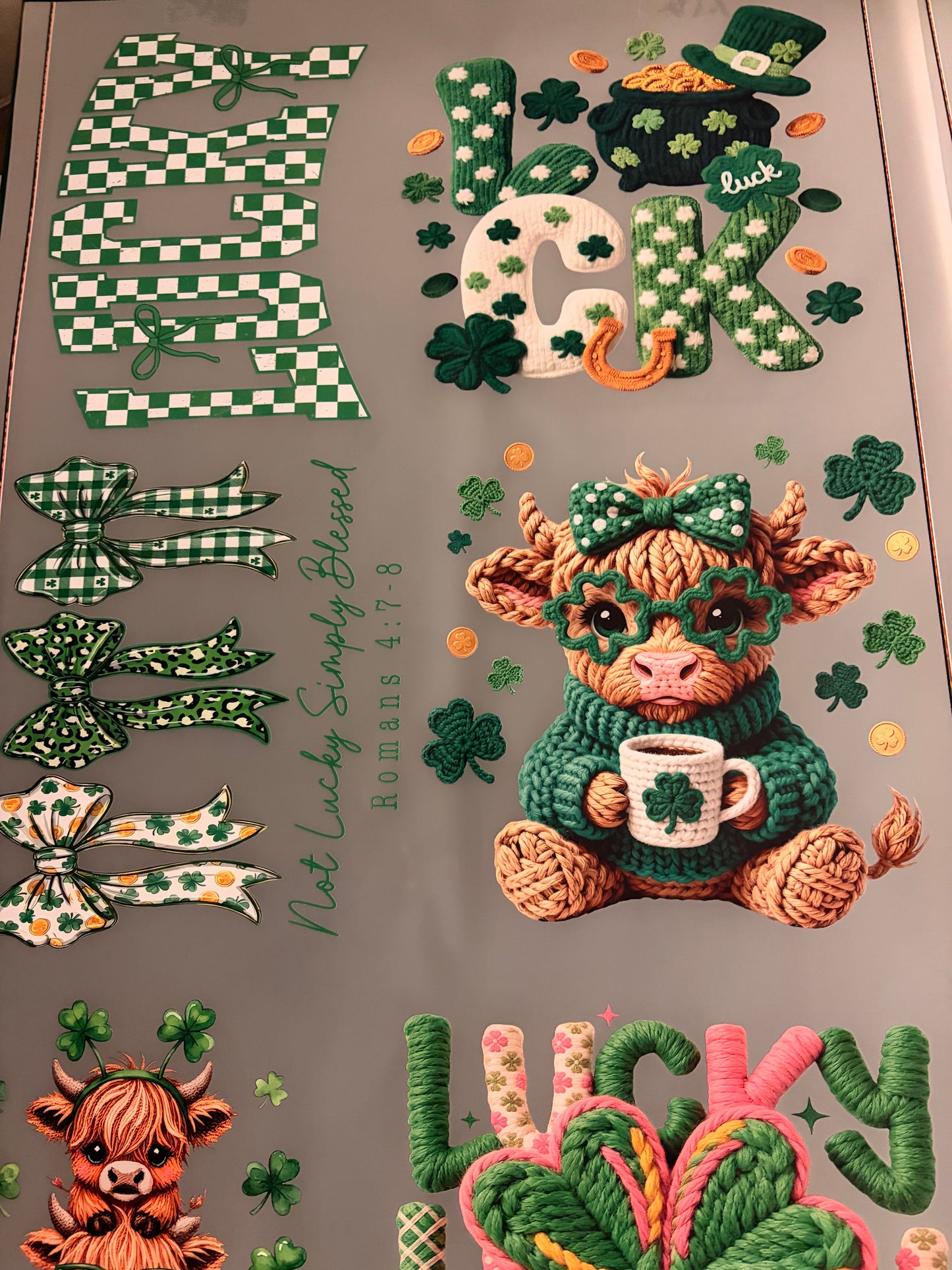 St. Patrick’s Day Lucky Highland Cow Gang Sheet – DTF Transfer Bundle (Green Knit & Clover Designs)