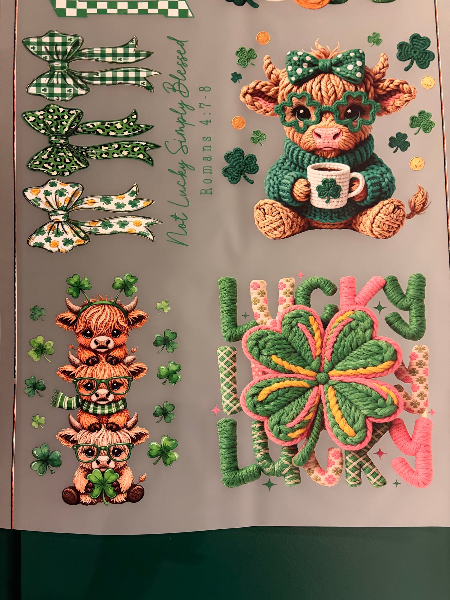 St. Patrick’s Day Lucky Highland Cow Gang Sheet – DTF Transfer Bundle (Green Knit & Clover Designs)