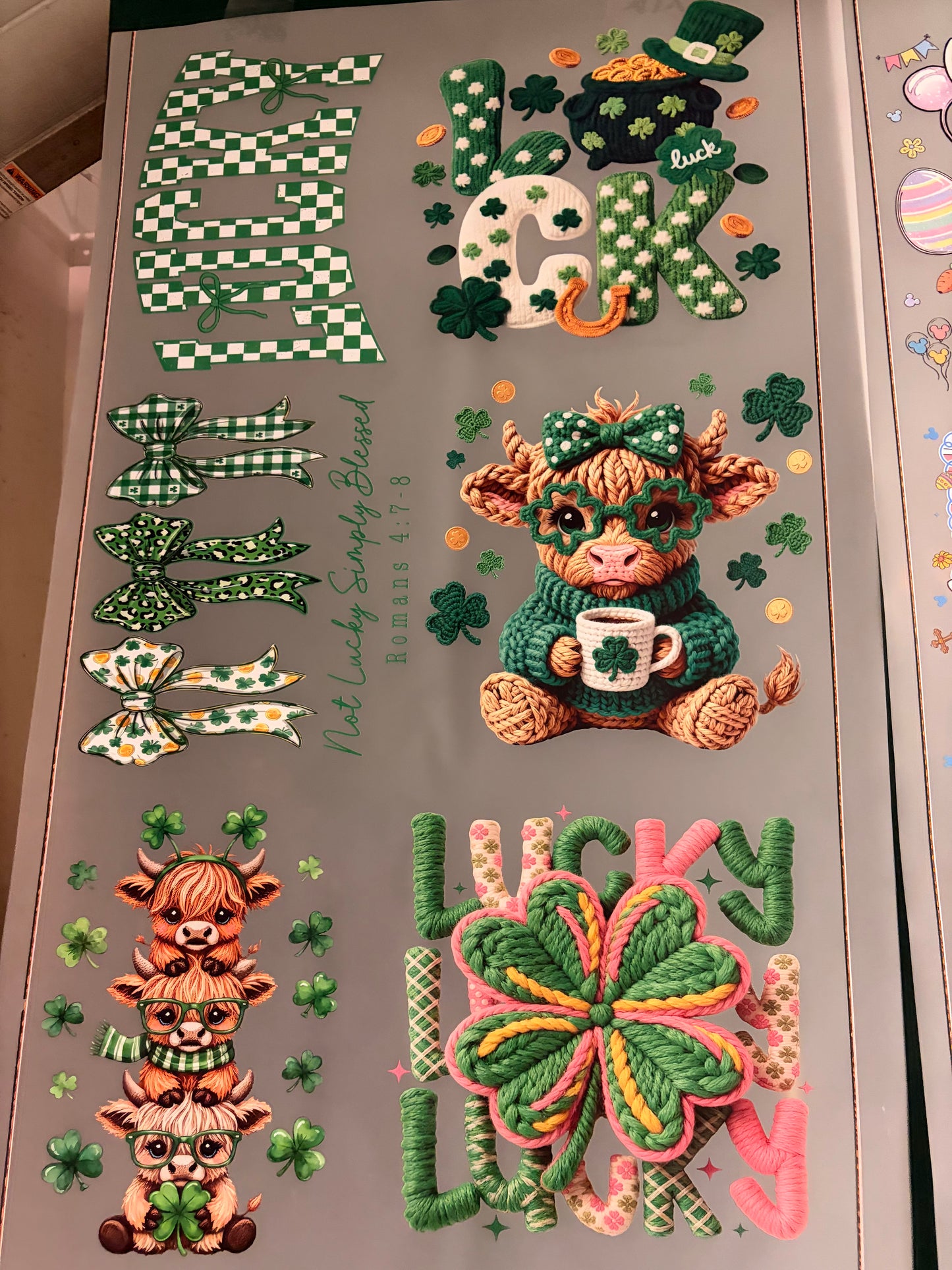 St. Patrick’s Day Lucky Highland Cow Gang Sheet – DTF Transfer Bundle (Green Knit & Clover Designs)